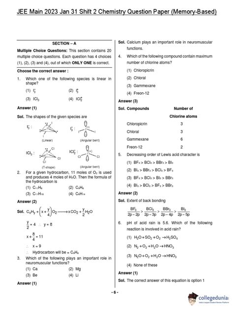 Jee Main 2023 Jan 31 Shift 2 Chemistry Question Paper Memory Based