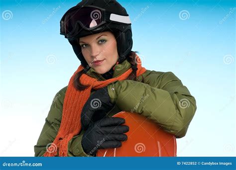 Sexy Snowboard Woman In Green And Orange Stock Photography Image