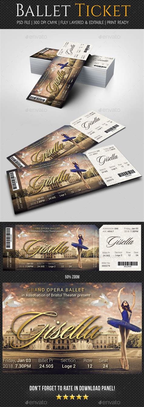 an image of a ticket with the words ballet on it and a ballerina in blue dress