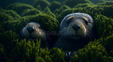 A Baby Otter Swimming with Its Mom Stock Illustration - Illustration of ...