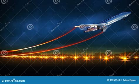 Aircraft at Take Off on Night Airport Stock Illustration - Illustration ...