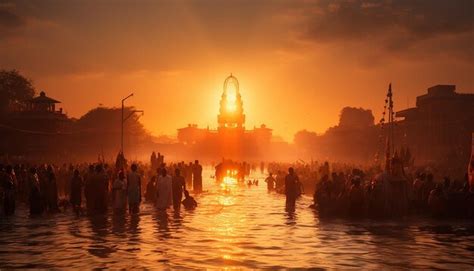 Premium Ai Image A Group Of Devotees Taking A Holy Dip In A River