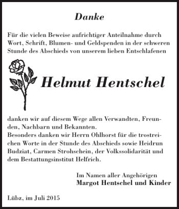 Traueranzeigen Von Helmut Hentschel Trauer Nordkurier