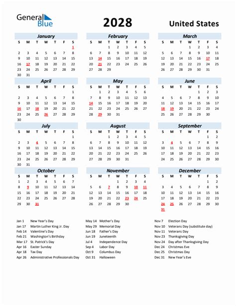 2028 United States Calendar with Holidays