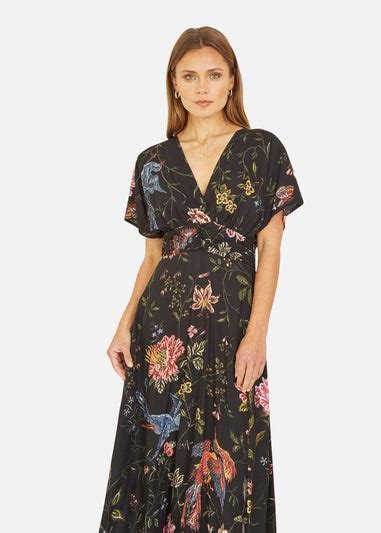 Yumi Black Viscose Bird And Floral Print Kimono Midi Dress Matalan