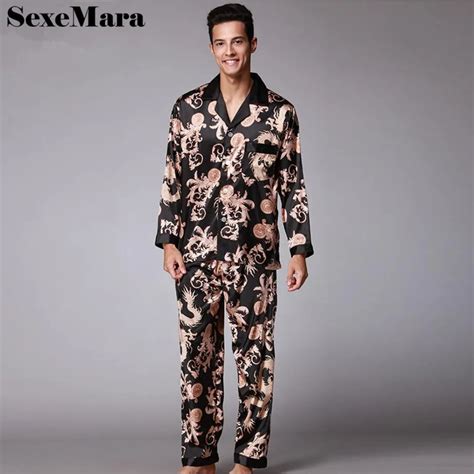 Sexemara Luxury Print Faux Silk Pajamas For Men Satin Sleepwear Sets Toppants Nightwear Mens