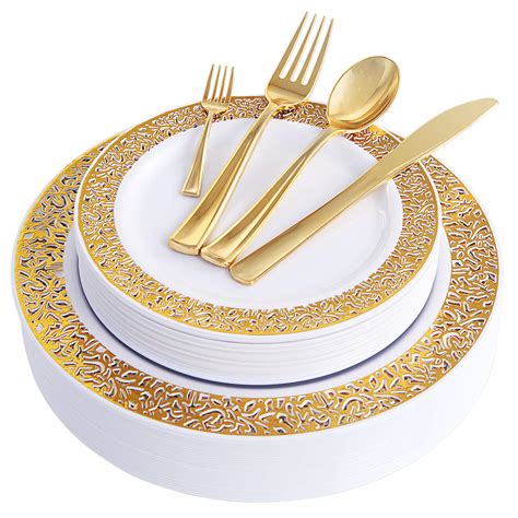 150pcs Plates Gold Plastic With Disposable Silverwarelace Design