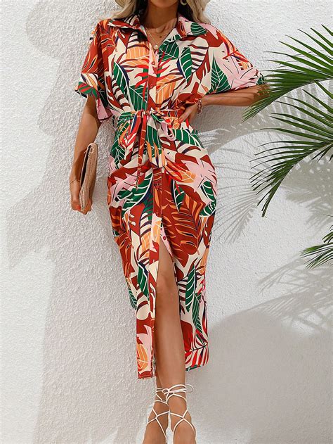 Shein Vcay Robe Chemise à Imprimé Tropical Manches Chauve Souris