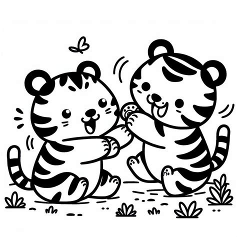 Cute tigers fighting each other: Simple coloring template (Free)