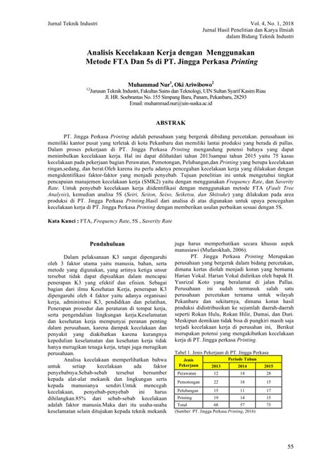 Pdf Analisis Kecelakaan Kerja Dengan Menggunakan Metode Fta Dan 5s Di Pt Jingga Perkasa Printing