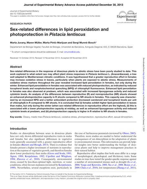 Pdf Sex Related Differences In Lipid Peroxidation And Photoprotection In Pistacia Lentiscus