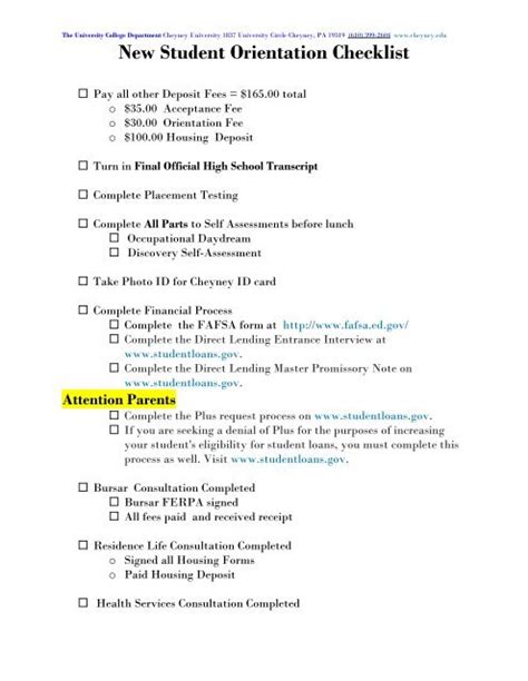 New Student Orientation Checklist - Cheyney University of ...