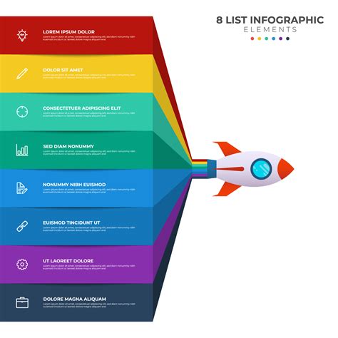 List diagram with 8 points of steps, sequence, colorful rocket launch