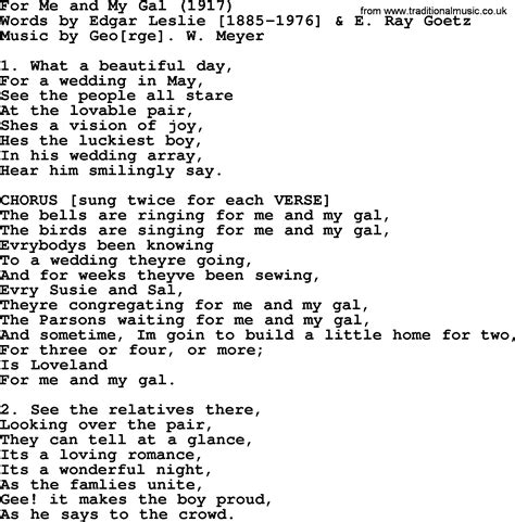 World War One WW1 Era Song Lyrics For For Me And My Gal 1917