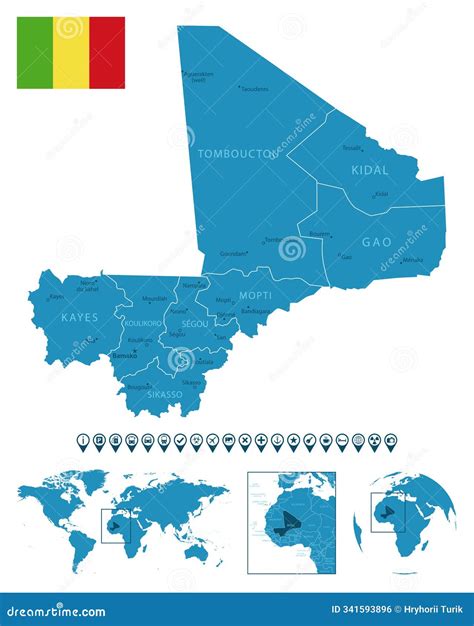 Mali - Detailed Blue Country Map with Cities, Regions, Location on