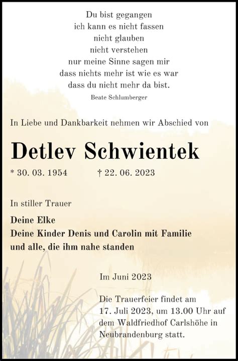 Traueranzeigen Von Detlev Schwientek Trauer Nordkurier