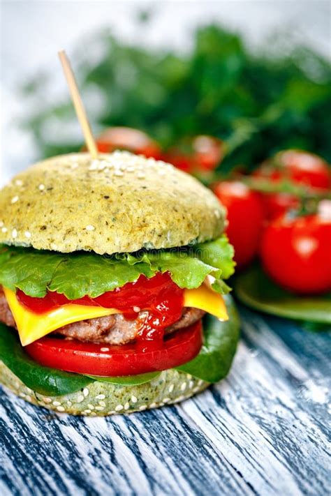 Burger With Green Bun And Fresh Vegetables Stock Image Image Of