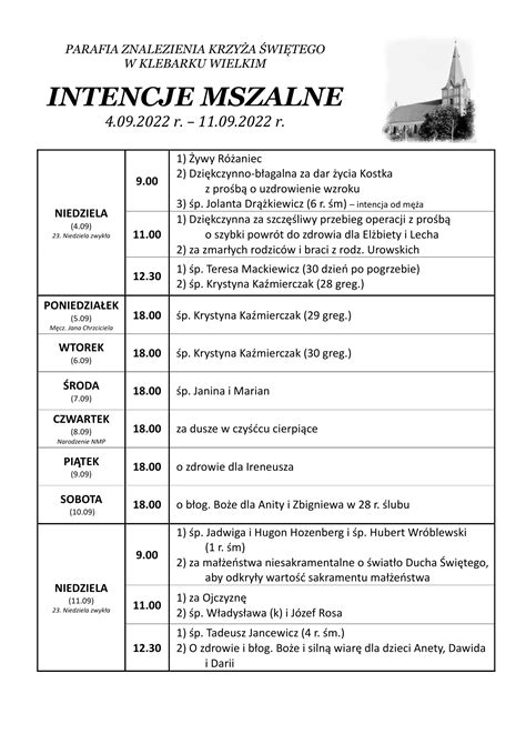 Intencje mszalne Parafia Znalezienia Krzyża Świętego