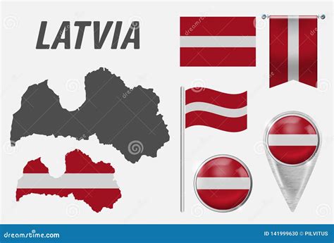 Latvia Collection Of Symbols In Colors National Flag On Various