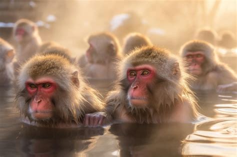 Premium AI Image Monkeys Soaking In Hot Springs In Japan