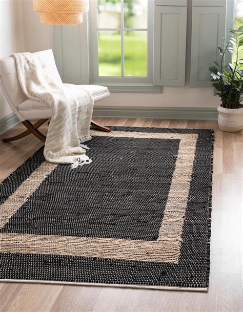 Unique Loom Chindi Jute Rug Black Navy Blue 8 X 11 Rectangle Border