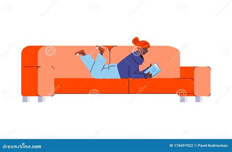 Cartoon Woman Reading A Book Lying On Her Stomach On Orange Sofa Stock