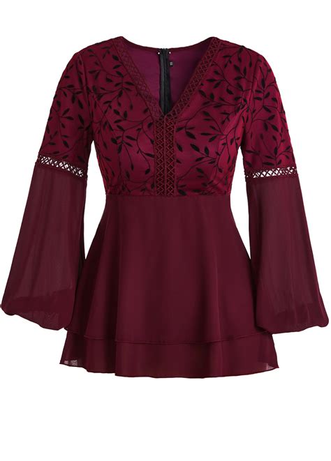 Wine Red Patchwork Leaf Print Long Sleeve Blouse Modlily USD 32 98