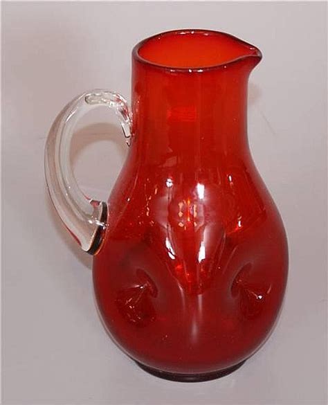 Lot Blenko Glass Tangerine Dimpled Pitcher With Applied Crystal