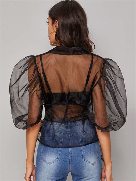 Puff Sleeve Belted Sheer Organ Organza Blouse Puff Sleeve Bra Styles