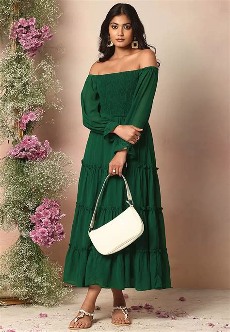 Buy Faballey Dark Green Off Shoulder Tiered Midi Dress Online