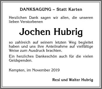 Traueranzeigen von Jochen Hubrig Allgäuer Zeitung