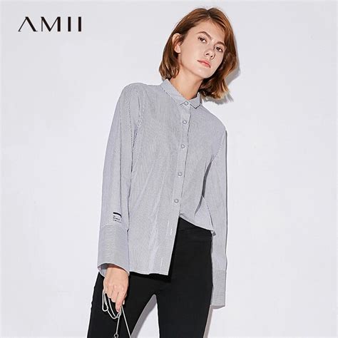 Amii Mujeres 2018 Nueva Oficina Señora Blusa Stripe Flare Manga Turn