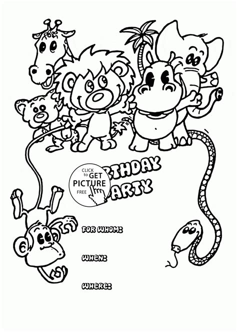 Birthday Party Card Animals coloring page for kids, holiday coloring ...