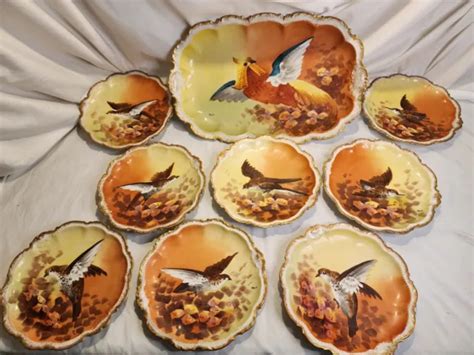 Antique Limoges Coronet France Hand Painted Game Birds Platter Plates