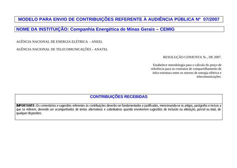 PDF MODELO PARA ENVIO DE CONTRIBUIÇÕES REFERENTE À TEXTO ANEEL