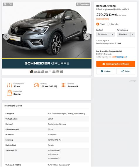 Renault Arkana im Leasing für 280 Euro im Monat brutto ntv Autoleasing