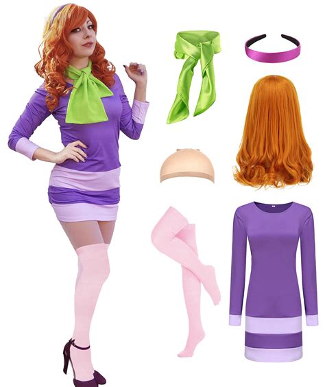 Daphne Costume Dress Women Adult Halloween Costume Deluxe Cosplay Outfits Wig Scarf Headband