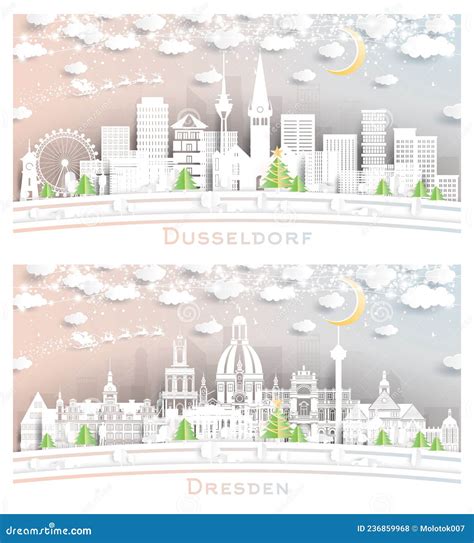 Dresden and Dusseldorf Germany City Skyline Set Stock Illustration