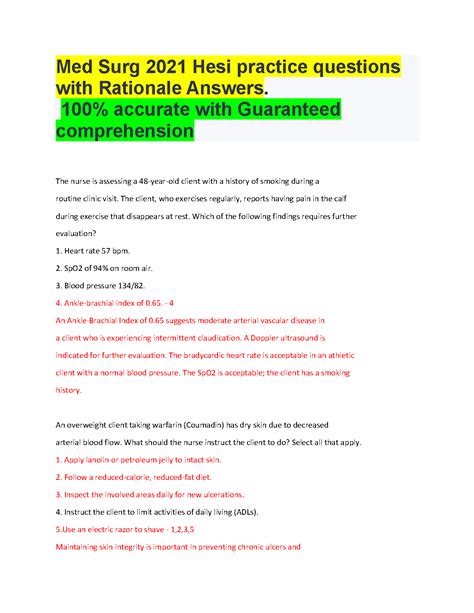 Med Surg Hesi Practice Questions With Rationale Answers