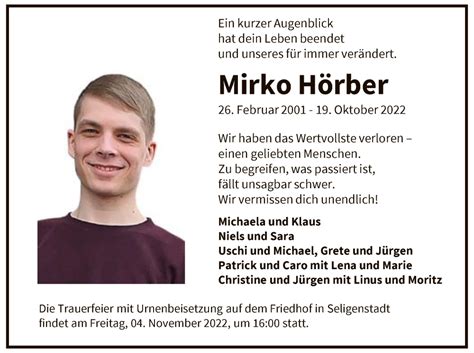 Traueranzeigen Von Mirko H Rber Trauer Op Online De