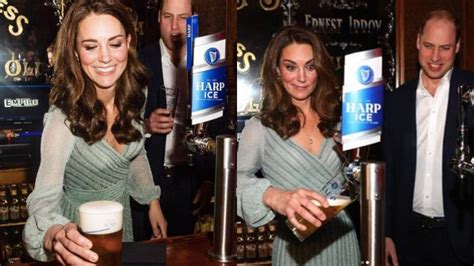 Duchess Kate Middleton Pours A Pint Of Beer In Ireland Crowd Breaks