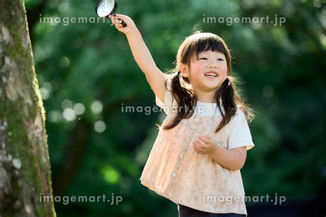 虫眼鏡で観察をする日本人の女の子の写真素材 [195894494] イメージマート