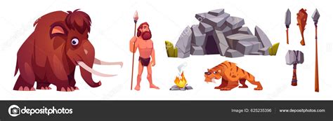 Cave Man Prehistoric Primitive Person Stone Age Cartoon Icons Set Stock