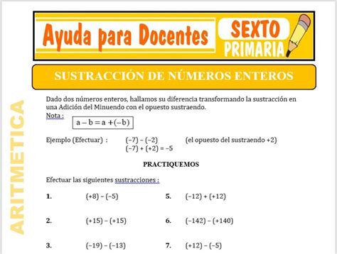 Sustracción de Números Enteros para Sexto de Primaria Ayuda para Docentes