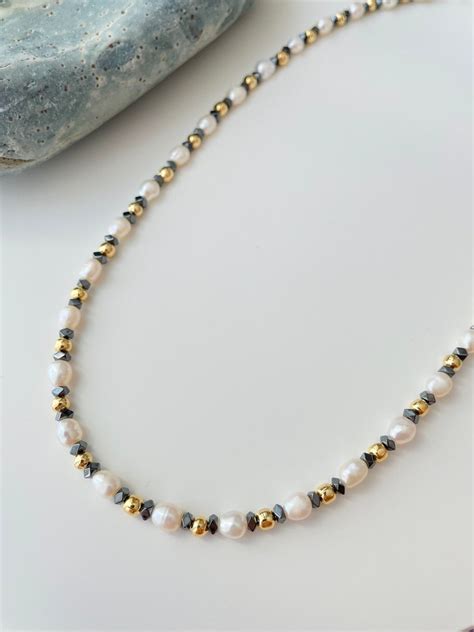 Mens Pearl Necklace With Hematite Gold Pearl Necklace Men Etsy