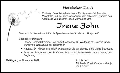 Traueranzeigen Von Irene John Augsburger Allgemeine Zeitung