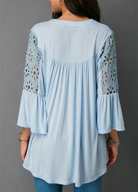 Lace Panel Split Neck Baby Blue Blouse Liligal USD 32 06