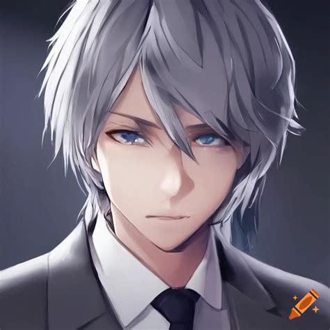 Anime-style portrait of a guy with grey hair and grey eyes on Craiyon