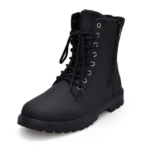 Men winter Boots Black Waterproof Motorcycle Boots lace Up Fashion ...