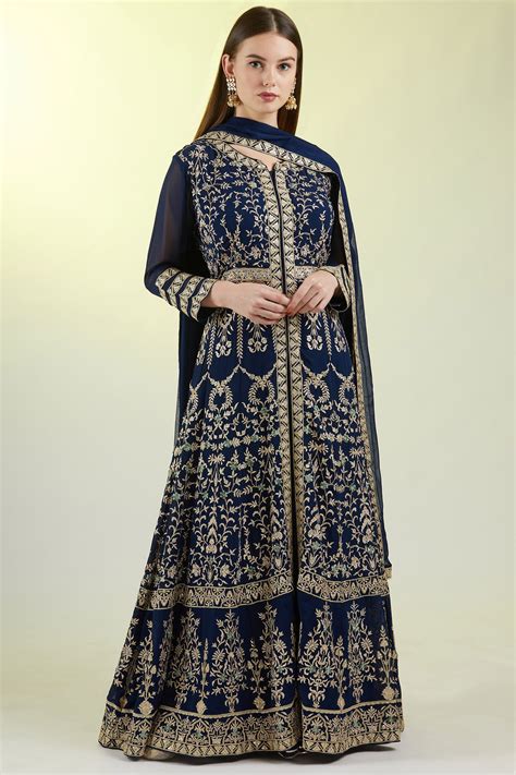 Buy Naintara Bajaj Blue Georgette Embroidered Kurta Lehenga Set Online